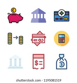 money icon set. vector set about bank, coin stack, piggy bank and credit card icons set.