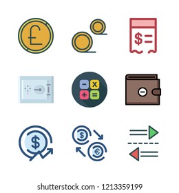 money icon set. vector set about coins, wallet, calculator and safe deposit icons set.