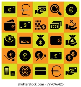 Money icon set vector. bag, dollar coin, dollar and euro