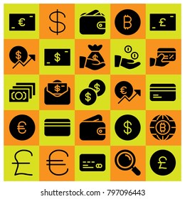 Money icon set vector. money bag, loupe, dollar coin and pound sterling