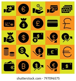 Money icon set vector. money bag, bag, euro and dollar