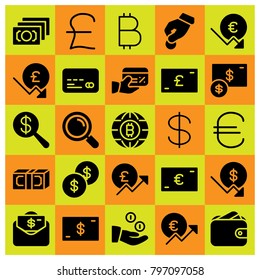 Money icon set vector. coins, dollar coin, wallet and loupe