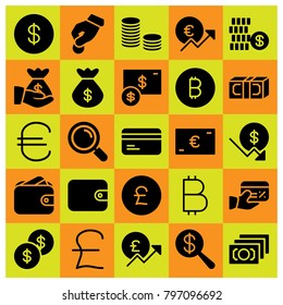 Money icon set vector. dollar coin, euro, dollar and loupe