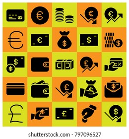 Money icon set vector. euro, wallet, bag and dollar