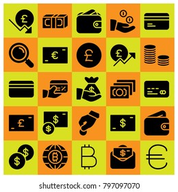 Money icon set vector. euro, coins, wallet and pound sterling