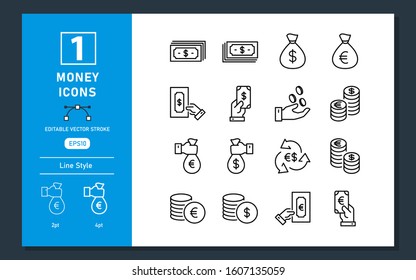 Money icon set vector line. Contains such icons as stacks of money, money bag, pile of coins, save money, euro, dollar and more. Editable Stroke. Great for web, app, presentation and more.