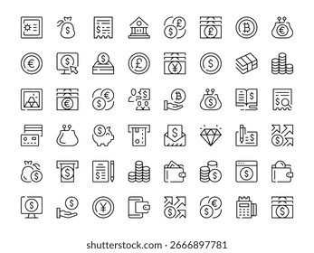 Conjunto de iconos de dinero. colección de iconos de línea de Vector. Símbolos de contorno. Diseño moderno