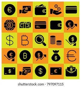 Money icon set vector. loupe, coin, euro and credit card