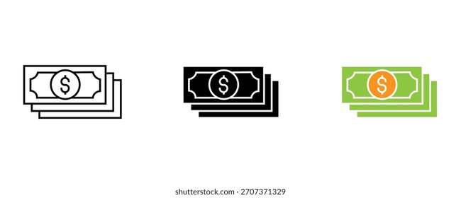Icono del dinero fijado Vector en el fondo blanco. dólar, billete, efectivo, finanzas, divisa, símbolo.