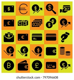 Money icon set vector. wallet, dollar coin, euro and dollar