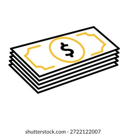Ícone Moeda. Pilha de notas de dólar sobre um fundo branco. Economia, negócios, simples. Estilo de design da estrutura de tópicos.