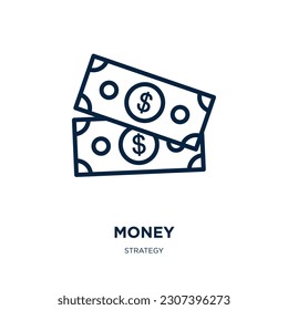 icono de dinero de la colección de estrategias. Dinero lineal delgado, banca, icono del contorno monetario aislado en fondo blanco. Señal de dinero vectorial de línea, símbolo para web y móvil