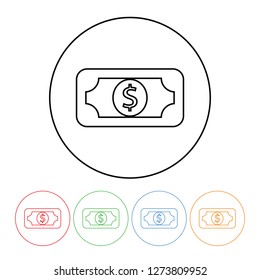 Money icon in a thin line style vector dollar bill cash symbol sign with four color variations vector illustration isolated on a white background