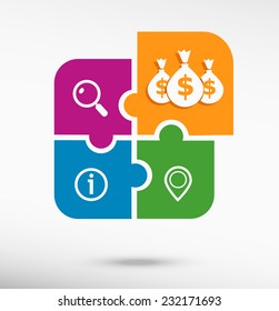 Money icon with three bags on colorful jigsaw puzzle 