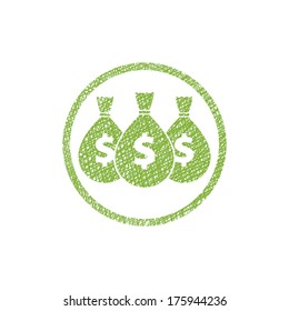 Money icon with three bags, vector symbol with hand drawn lines texture.