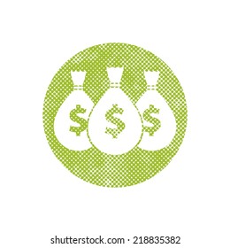 Money icon with three bags, vector symbol with pixel print halftone dots texture.