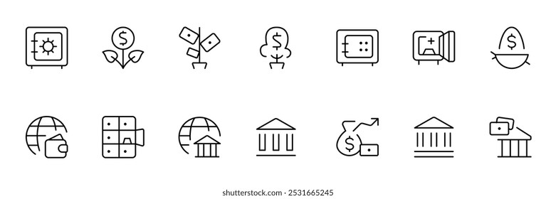 Icono del dinero, árbol del dinero, perno, icono del dólar fijado. Fondo de pensiones, crecimiento de beneficios, banco, capital financiero Ilustración vectorial mínima. Signos simples para la aplicación de inversión. estilo plano - Vector de stock.