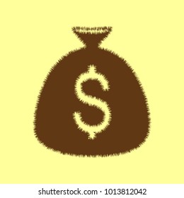 Money icon. Vector. Brown hairy icon on yellowish background. Isolated.