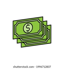 Ilustración vectorial del icono del dinero. Concepto de diseño vectorial del icono Dinero Dólar para Pagos, Finanzas, Moneda y Negocios Comerciales. Diseño plano del icono del vector de efectivo de dinero para sitio web, símbolo, icono, signo, interfaz de usuario de la aplicación