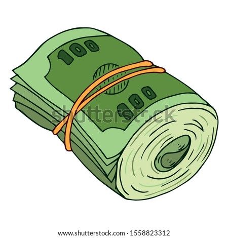 Money icon. Vector illustration of dollar bills rolled into a roll and tied with a rubber band. Hand drawn a stack of bills.