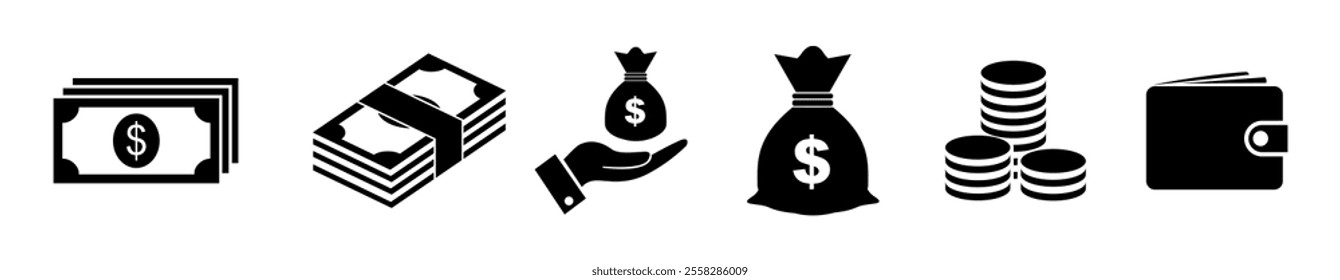 Money Icon vector illustration, set of money icons, Cash, Budget, Savings, Loan, Earning, Income, Wallet, Currency, Dollar, Card, Coin, Revenue, piggy bank, Profit, Finance and business icons isolated