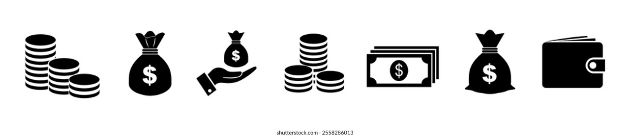 Money Icon vector illustration, set of money icons, Cash, Budget, Savings, Loan, Earning, Income, Wallet, Currency, Dollar, Card, Coin, Revenue, piggy bank, Profit, Finance and business icons isolated