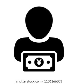 Money icon vector male user person profile avatar with Yen sign currency symbol for banking and finance in flat color glyph pictogram illustration