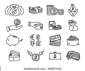 money icon vector set hand drawn line art illustration