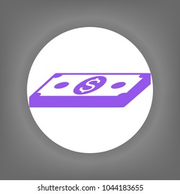 Money Icon. Vector. Violet icon on white circle with shadow at gray background.