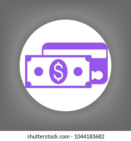 Money icon. Vector. Violet icon on white circle with shadow at gray background.