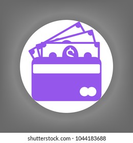 Money icon. Vector. Violet icon on white circle with shadow at gray background.