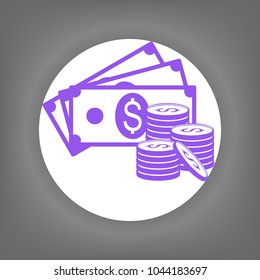 Money icon. Vector. Violet icon on white circle with shadow at gray background.