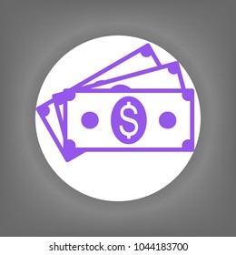 Money icon. Vector. Violet icon on white circle with shadow at gray background.