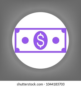 Money icon. Vector. Violet icon on white circle with shadow at gray background.