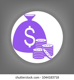 Money icon. Vector. Violet icon on white circle with shadow at gray background.