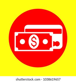 Money icon. Vector. White flat icon inside red circle at yellow background. Isolated.