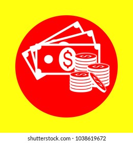 Money icon. Vector. White flat icon inside red circle at yellow background. Isolated.