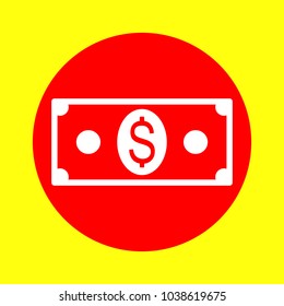 Money icon. Vector. White flat icon inside red circle at yellow background. Isolated.