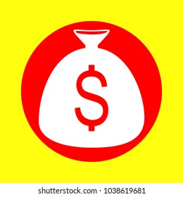 Money icon. Vector. White flat icon inside red circle at yellow background. Isolated.