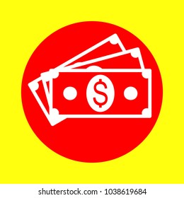 Money icon. Vector. White flat icon inside red circle at yellow background. Isolated.