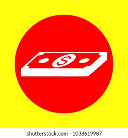 Money Icon. Vector. White flat icon inside red circle at yellow background. Isolated.