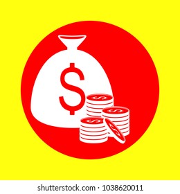 Money icon. Vector. White flat icon inside red circle at yellow background. Isolated.