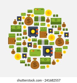 money icons arranged in circle shape on white background