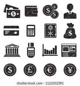 Money Icons. Black Scribble Design. Vector Illustration.
