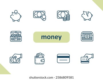 Money icons. Cash, payment, finance, currency, savings, investment, wealth vector icon set