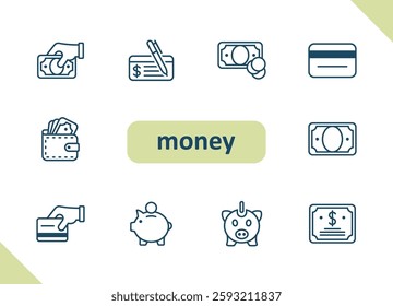 Money icons. Cash, payment, finance, currency, savings, investment, wealth vector icon set
