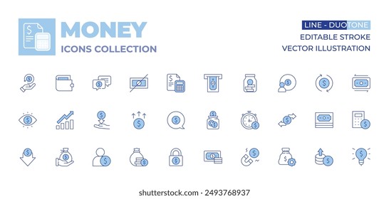 Money icons collection. Line Duotone style, editable stroke. lock, money talk, expense, monitor, salary, no, increase, employee, calculator, wallet, eye, cashback, low price, support.