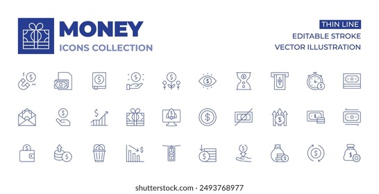 Geld-Icons Kollektion. Dünne Linien-Symbole, editierbarer Strich. Magnet, Geldverschwendung, Zunahme, Geschäft, Verlust, Gewinn, Aktie, Start-up, Investition, Geldwäsche.