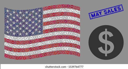 Money icons are combined into American flag stylization with blue rectangle distressed stamp watermark of May Sales phrase. Vector composition of USA waving flag is combined of money icons.