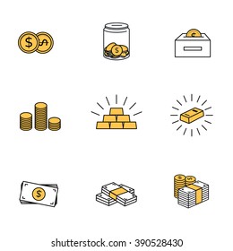 Money Icons. Dollar Bank Notes, Coins And Gold Bars.